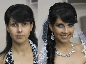 Репетиция свадебного образа для Полины. Яркий свадебный макияж для серых глаз, свадебная прическа с локонами на бок, челкой, накладными волосами и фатой