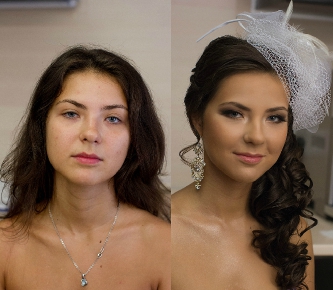 Яркий свадебный макияж для голубых глаз и свадебная прическа с вуалеткой и локонами на бок